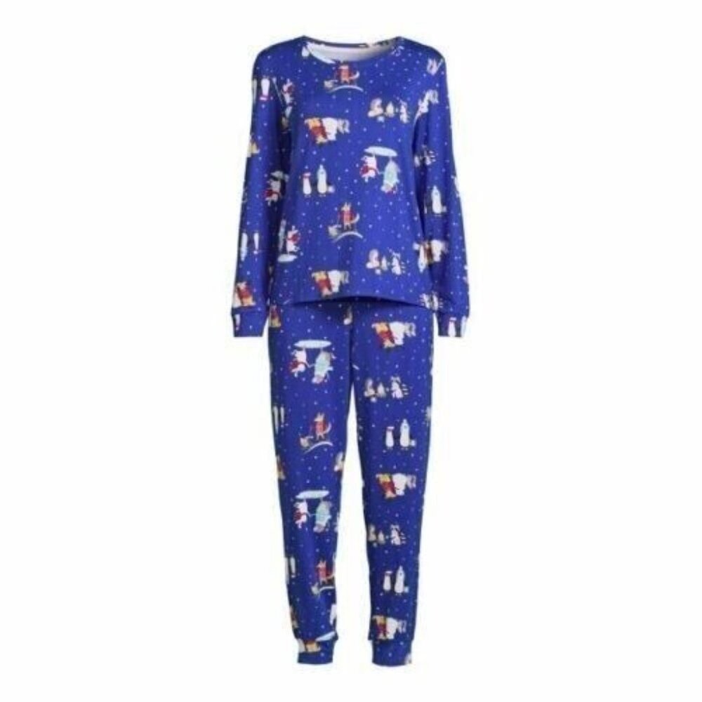 Secret Treasures Misses L 12 to 14 Blue Winter Animals Scene 2 Piece Pajama Set